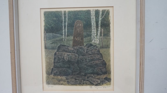 Etching drawing art print wall hanging, etched engraved Swedish border post, signed numbered color picture framed pen and ink landscape old