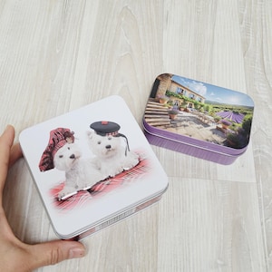 Juego de 2 cajas de regalo de metal, galletas de mantequilla Campbells Scottie Dogs con estampado de tartán Tammies, lata de dulces con diseño de joyas de lavanda, recipiente metálico para guardar objetos.