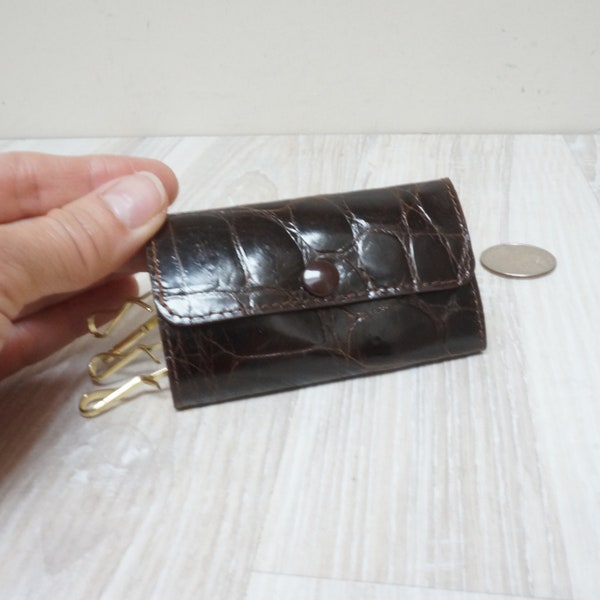 Porte-clés en cuir verni de peau véritable Caiman Alligator, porte-clés à trois volets ECHT PRYM, porte-clés marron du milieu du siècle porte-anneau porte-clés rabattable bouton-pression