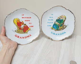 Set of 2 plate If Mother Says No Ask Grandma / If all else fails ask grandpa, porcelain wall hanging gift decorative plaque Made in Korea
