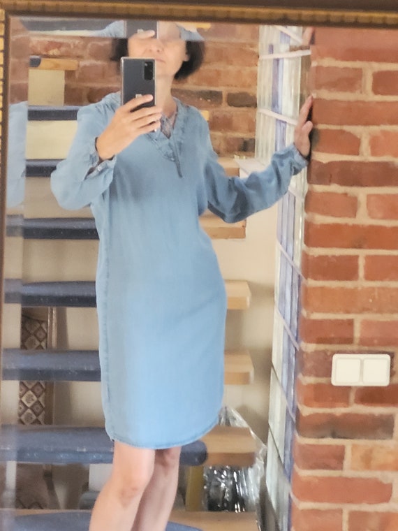 Denim blue dress tunic, shirtdress shirt, loose fit straight tunic in size XS extra small, upcycled light jeans jean fabric, Tencel v neck