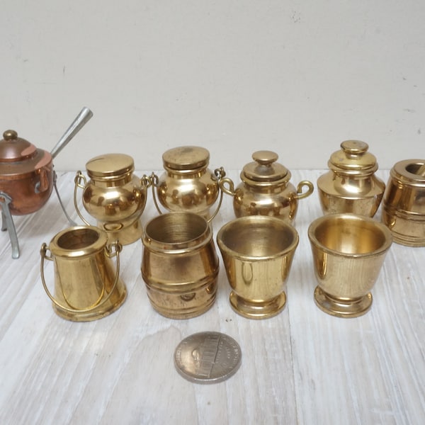 1:6 or 12 scale Dollhouse Miniature KEE MORA brass metal casserole pot egg cup mortar and pestle set of Vintage doll house made in Sweden