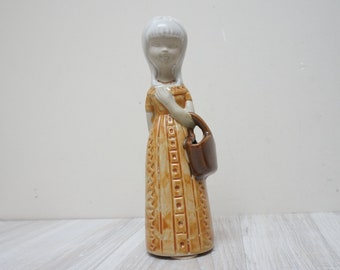7.25&quot; ceramic girl with basket shape vase statuette, dried flower woman holder handmade clay Figurine Swedish figure sculpture stoneware old