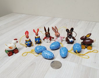 12 wooden German Erzgebirge eggs rabbit pull along chicken, hanging Easter figurines bunny Vintage ornaments dolls Retro made in Germany set