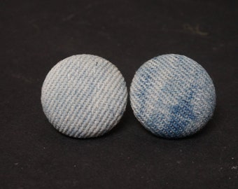 Vintage 1"/2.5 cm denim jeans fabric button stud earrings, circle jewelry handmade upcycled gift blue color round silver tone novelty posts