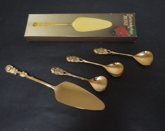 3 spoons & cake server, Hildesheimer Rose gold plated Vintage Made in Germany Flatware cutlery floral flower lot set ornate stainless steel