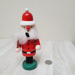 German Santa incense smoker doll, wooden not openable figurine made in Germany DDR, Erzgebirge burner man with sticks red folk art craft