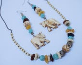 Tribal Necklace earrings set amber Jewelry vintage Retro ox bone animal elephant turquoise boho chunky totem handmade figure bead chain ooak