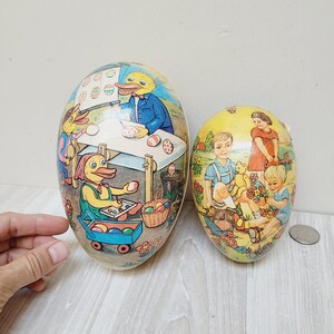 Conjunto de 2 ovos de páscoa de grandes dimensões, patinho infantil formato de ovo papel machê recipiente alemão feito na alemanha caixa de chocolate frango grande