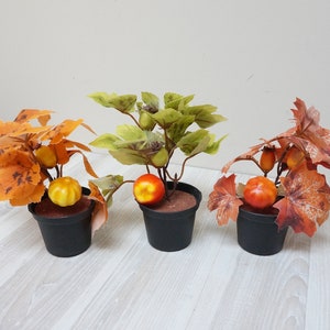 Puede incluir: Tres plantas artificiales en maceta con pequeñas calabazas naranja y amarillas. Las plantas tienen hojas marrones, verdes y naranjas.