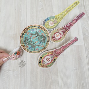 5 piece Mun Shou Famille Rose Longevity porcelain, Chinese mini bowl spoon sake cup set, green yellow plate of Asian blue aqua dish vintage