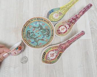 5 piece Mun Shou Famille Rose Longevity porcelain, Chinese mini bowl spoon sake cup set, green yellow plate of Asian blue aqua dish vintage