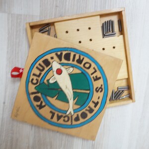 Vintage Solitaire Ludo Peg Board Game: Florida Handmade Wood Souvenir Tropical Koi Club