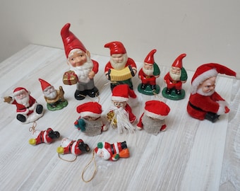 13 Santas set gnomes elf Santa folk dolls Christmas tree figurines decor Vintage girl and boy ceramic hugger wooden Retro red in Sweden lot