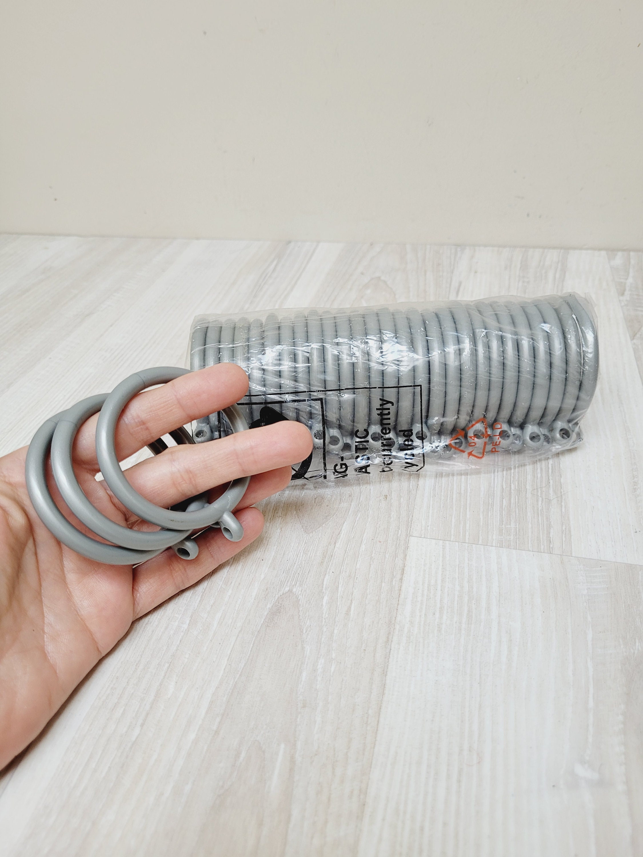 30 plastic silver tone rings with loops for curtain clips, set nos of big gray primitive vintage retro made in Europe rustic cottage shower