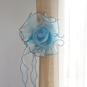 Set of 2 blue organza curtain tieback, vintage rose ruffle flower floral clip, clips holders tiebacks ties tie tablecloth clamp accessory