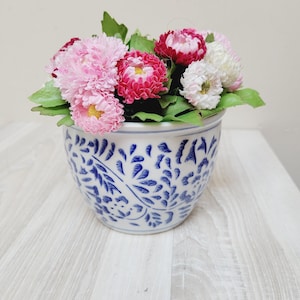 Maceta floral china azul y blanca, jarrón para flores, cerámica redonda de porcelana asiática vintage para suculentas, porta pinceles real de Delft color cobalto