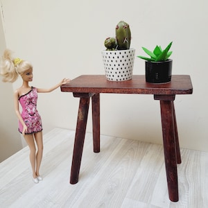 Op de afbeelding: Een houten kruk met drie poten, geschilderd in bruin, met daarop twee planten in potten. De ene plant is een cactus in een witte pot met zwarte stippen, de andere is een succulent in een zwarte pot. Een blonde pop in een roze jurk staat naast de kruk.