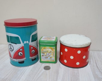 Set of 3 tin can, camper van Yves Rocher Joie du Printemps Spring Joy, French metal storage box, kitchen container spice tea jar polka dot