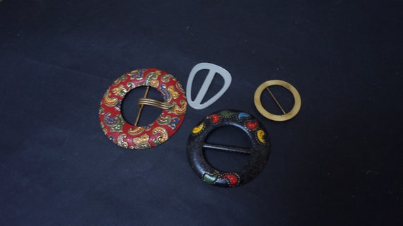 Wooden and brass cloisonne paisley set of 6 Belt … - image 3