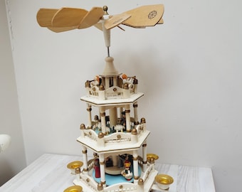 German Erzgebirge 3-tiered nativity pyramid, white / blue noel carousel candleholder candle holder Christmas wooden figurine made in Germany