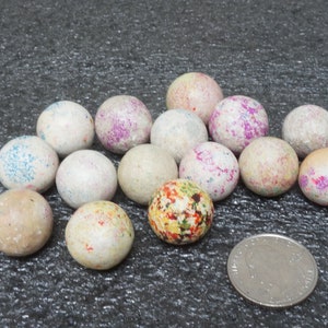 15 antique speckled clay marble set, Vintage lot of marbles small solid ceramic multi color mix multicolor assorted white pink blue handmade
