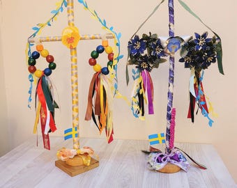 Pick your Swedish midsummer maypole pole folk wreath on stand holder, tabletop table decor ornaments made in Sweden Scandinavian blue yellow