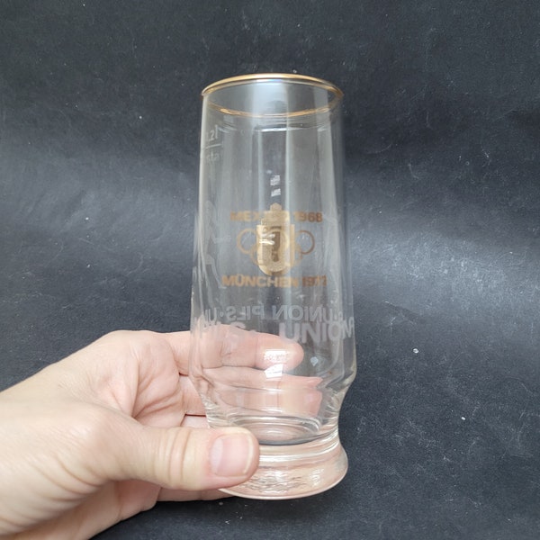 Olympic glass tumbler from 1968 Mexico to 1972 Munich, Vintage German beer juice milk drinking Union Pils shot made in Germany sports games