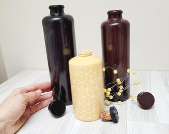 Set of 3 ceramic black brown & yellow decanter, carafe vase bottle Vintage design minimalist supply for decoupage crafting with stopper