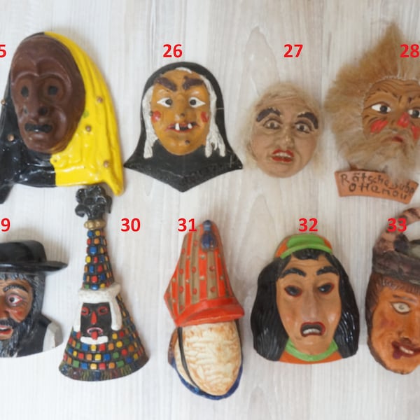 Choose from 30+ Small Fasnet Fasching Karneval wall hanging German mini mask, Witch Devil Krampus animal handmade made in Germany Halloween