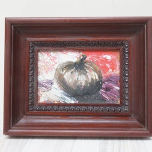 Pintura al óleo de fruta abstracta original sobre cartón, pared vintage colgando naturaleza muerta manzana tomate imagen madera enmarcada espátula bellas artes