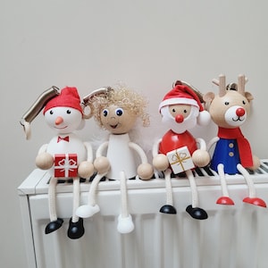 Christmas bouncy hanging ornaments: Santa Deer Angel Snowman, jumping wooden toy on spring, spiral puppet marionette doll figurine