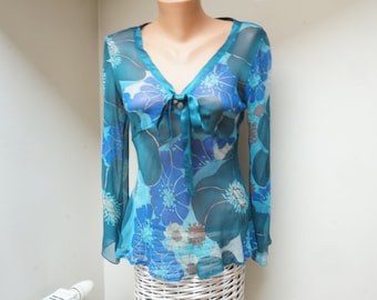 Bohemian handmade silk chiffon top, sheer boho tunic shirt blouse Retro sequin embroidery size small medium US green blue S M floral pure