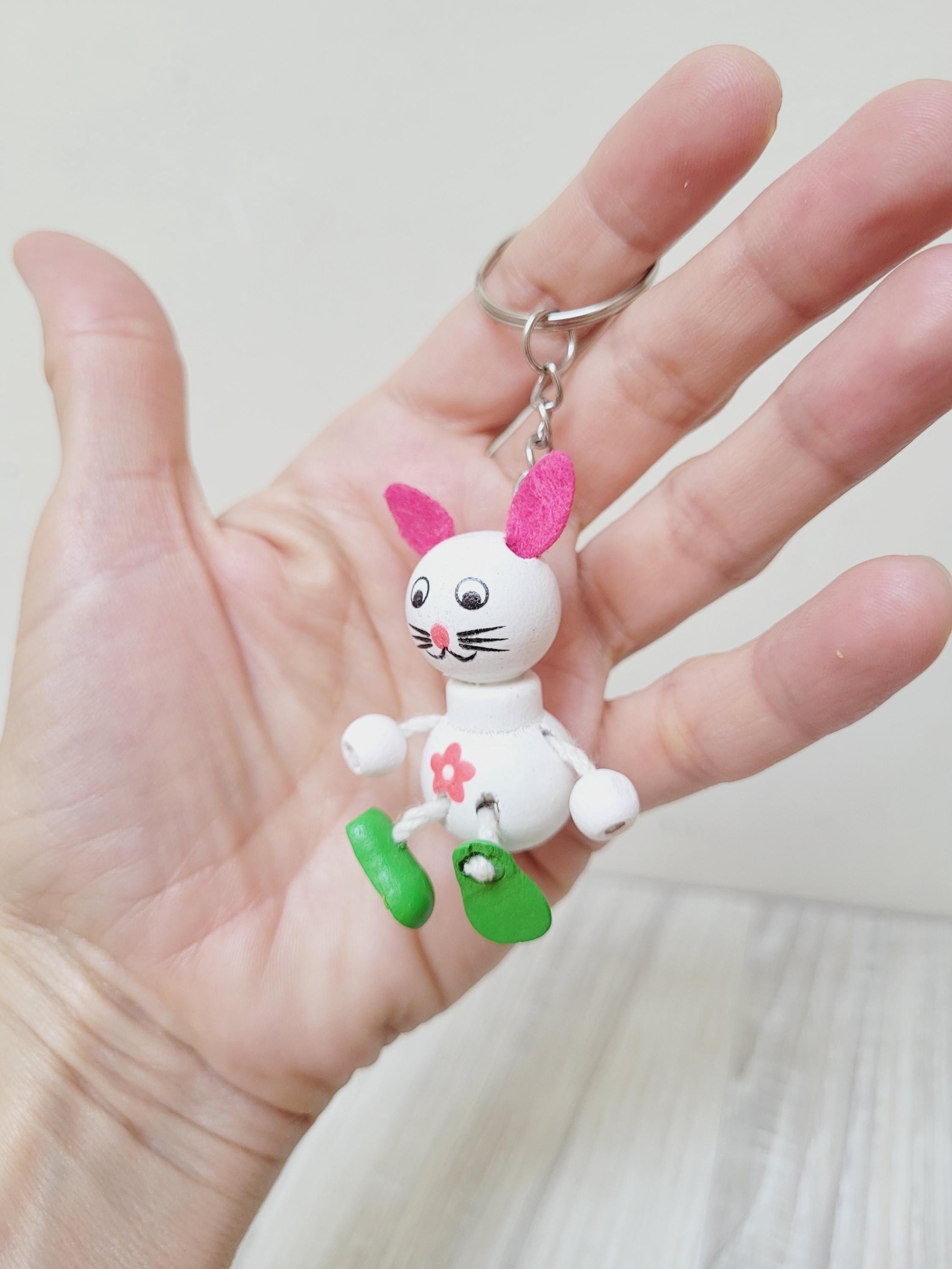 Wooden Rabbit Keychain, Bunny Puppet Keyring, Easter Key Chain