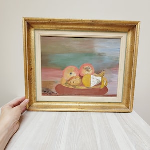 17,25" x 14" / 44 x 36 cm Pintura al óleo original de frutas sobre cartón de M. Larsson, cuadro vintage de bodegón para colgar en la pared con marco de madera.