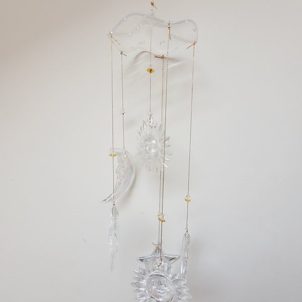 Celestial moon sun star face Christmas mobile chime suncatcher, vintage glass gold angel ornament Retro iridescent clear made in Germany old