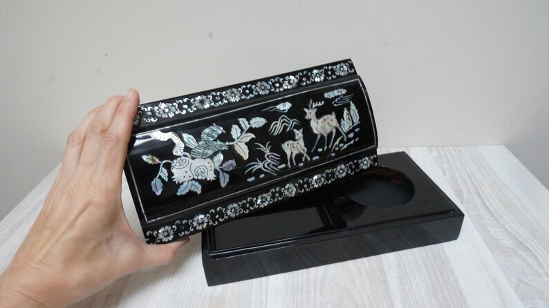 Victorian Black Lacquer Inkwell Box, Desk Abalone Inlay Organizer ...