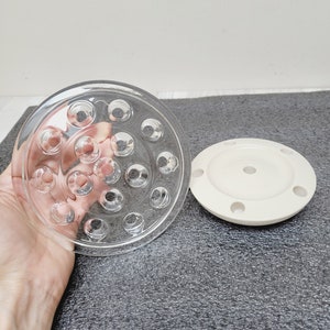 Puede incluir: Un salvaflores de vidrio transparente con múltiples agujeros y una base de cerámica color crema. El salvaflores es redondo y tiene una serie de agujeros para arreglar flores. La base también es redonda con varios agujeros.