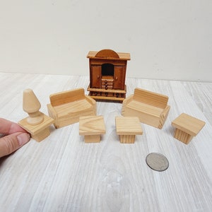 Set of 8 pc. 1:24 scale dollhouse miniature furniture, cabinet sofa table floor lamp tabouret chair wooden toy Retro doll house living room