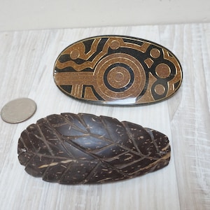 2er Set französische Haarspange, Kunstharz Cloisonne Inlay & Kokosnussschalen Clip, Vintage Haarschmuck, Retro alt oval schwarz Mosaik braun handgeschnitzt