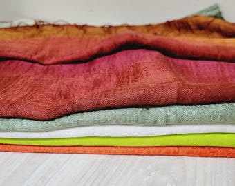 Elige un chal vintage de shantung de seda cruda, bufanda para el cuello larga hecha a mano, tejida a mano, oblonga, con flecos, envoltorio, cubierta, flecos, verde, naranja, marrón.