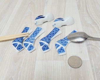 6 Japanese chopstick rest, Hashioki porcelain spoon holder, origami ribbon obi belt usagi rabbit bunny shaped blue white ceramic coffee tea