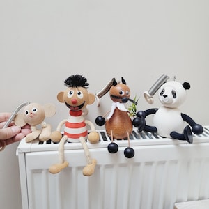 Bouncy wooden panda cheburashka cat boy toy on spring, bouncy puppet hanging ornament marionette doll Figurine Vintage nursery room animal