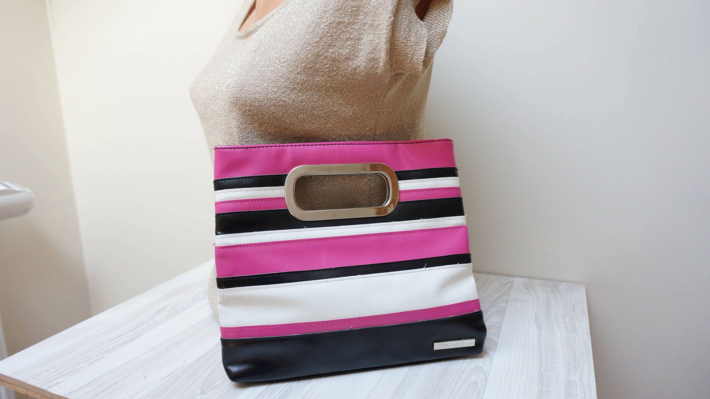 Jane Norman Vintage Faux Leather Handbag Purse Clutch Pouch Pink Black White Stripe Retro Teenager Woman Made in Europe Vegan Hippie Boho Etsy India