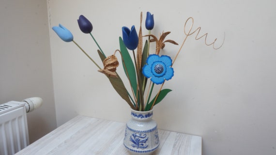 Wooden Tulip, Cornflower & Wicker Woven Lily Bell Flower Bouquet, Swedish  Blue Faux Artificial Plants Stakes Pot Sticks Decor Forget-me-not 