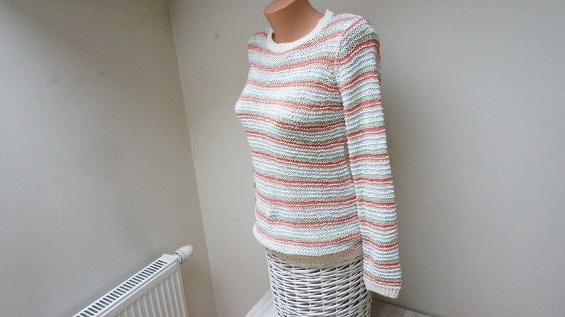 Stripe pastel Sweater Women Girl pullover orange green blue white striped Retro jeans size S M small medium vintage knitted chunky oversized