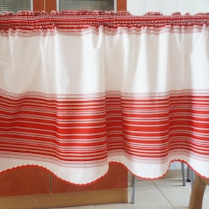 Extra long striped Swedish Christmas curtain valance, scalloped woven Scandinavian country table runner shelf decor long white green red top