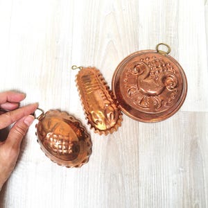 Set of 3 little copper tin molds, tulip flower cancer pineapple shape metal dish farmhouse baking made in Sweden cupcake embossed