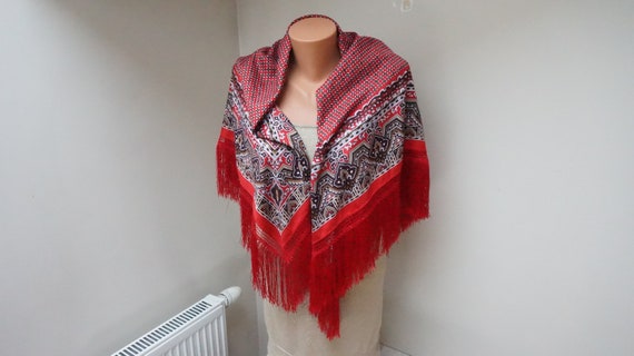 Large red Head Scarf with tassel fringe Shawl squ… - image 3