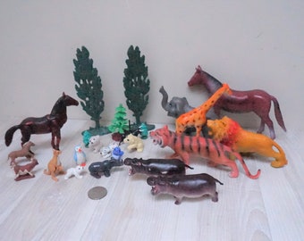 24 Animal Figurine set of Kid Toy Plastic vintage Retro éléphant hippopotame rhinocéros cheval vache taureau chien ours polaire oiseau vieux lion tigre boeuf kangourou